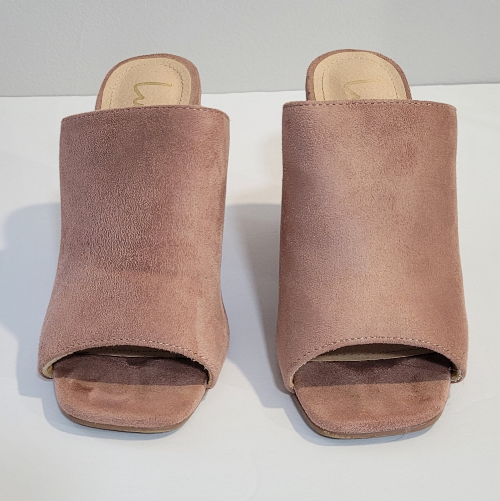 Lulus Cream/Pink Suede Peep Toe Mule Heels Womens Size 8